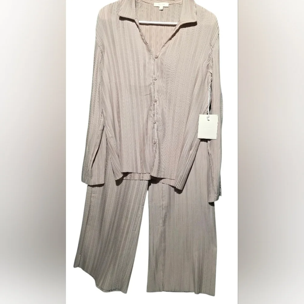 All Row Pleated Beige Blouse SET NWT Top PTP 24 Pants 38 Stretch